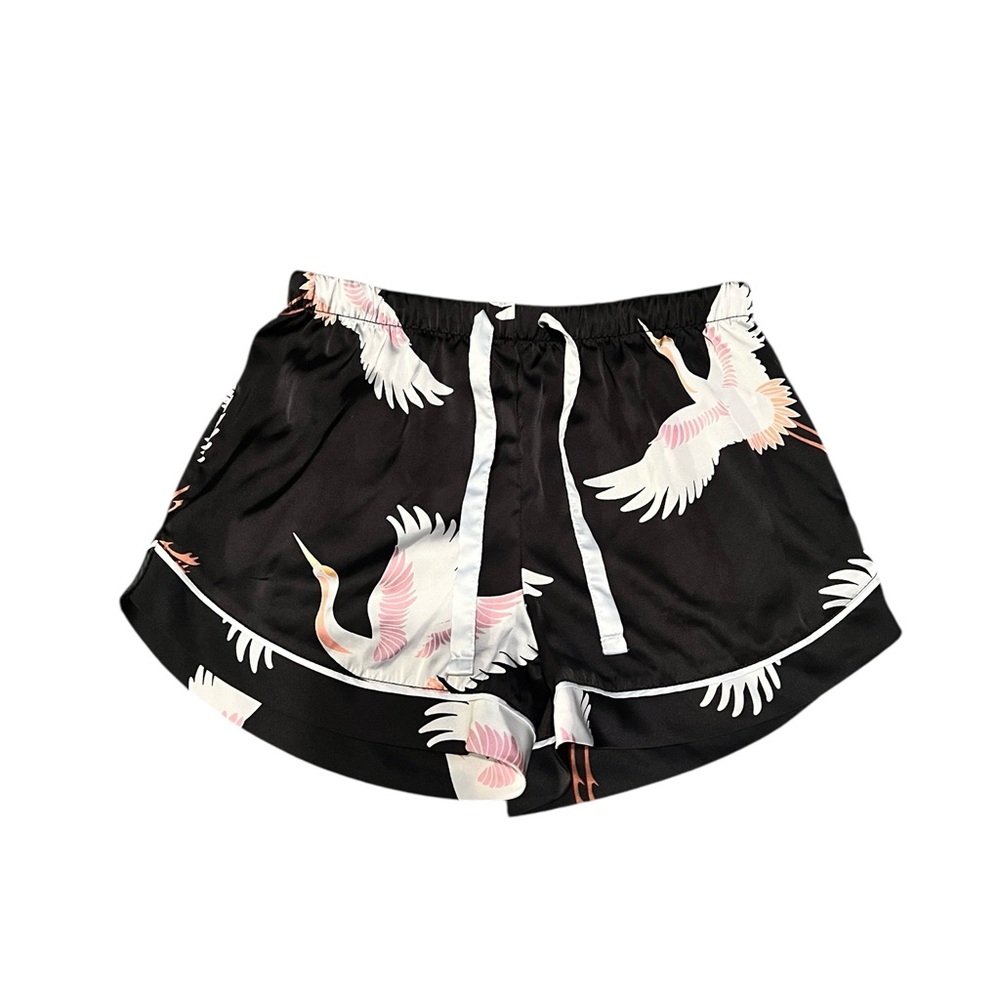 Black White Pink Crane Bird Print Short Sleeve Short Pajama Set Size XS - Picture 3 of 5